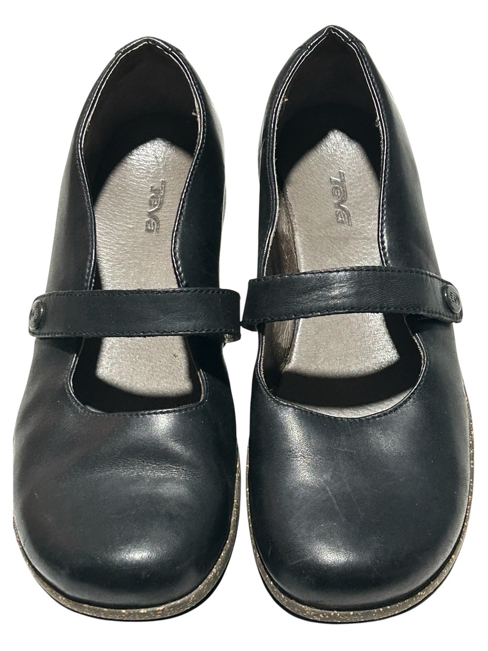 Teva Women’s Black Leather Mary Jane Shoes with Cork Wedge - SIze 8.5 Medium